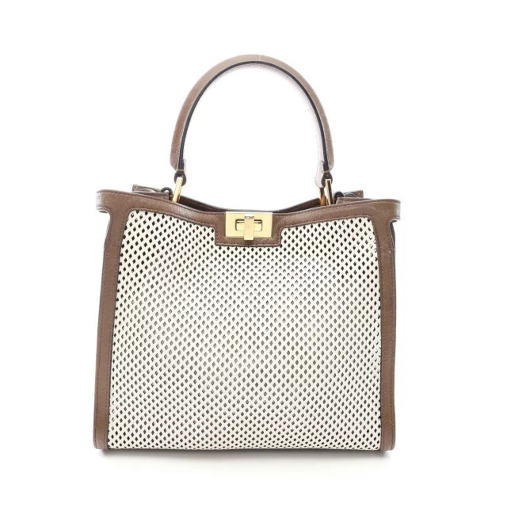Fendi Peekaboo X Lite Perforated Handbag Leather White Brown